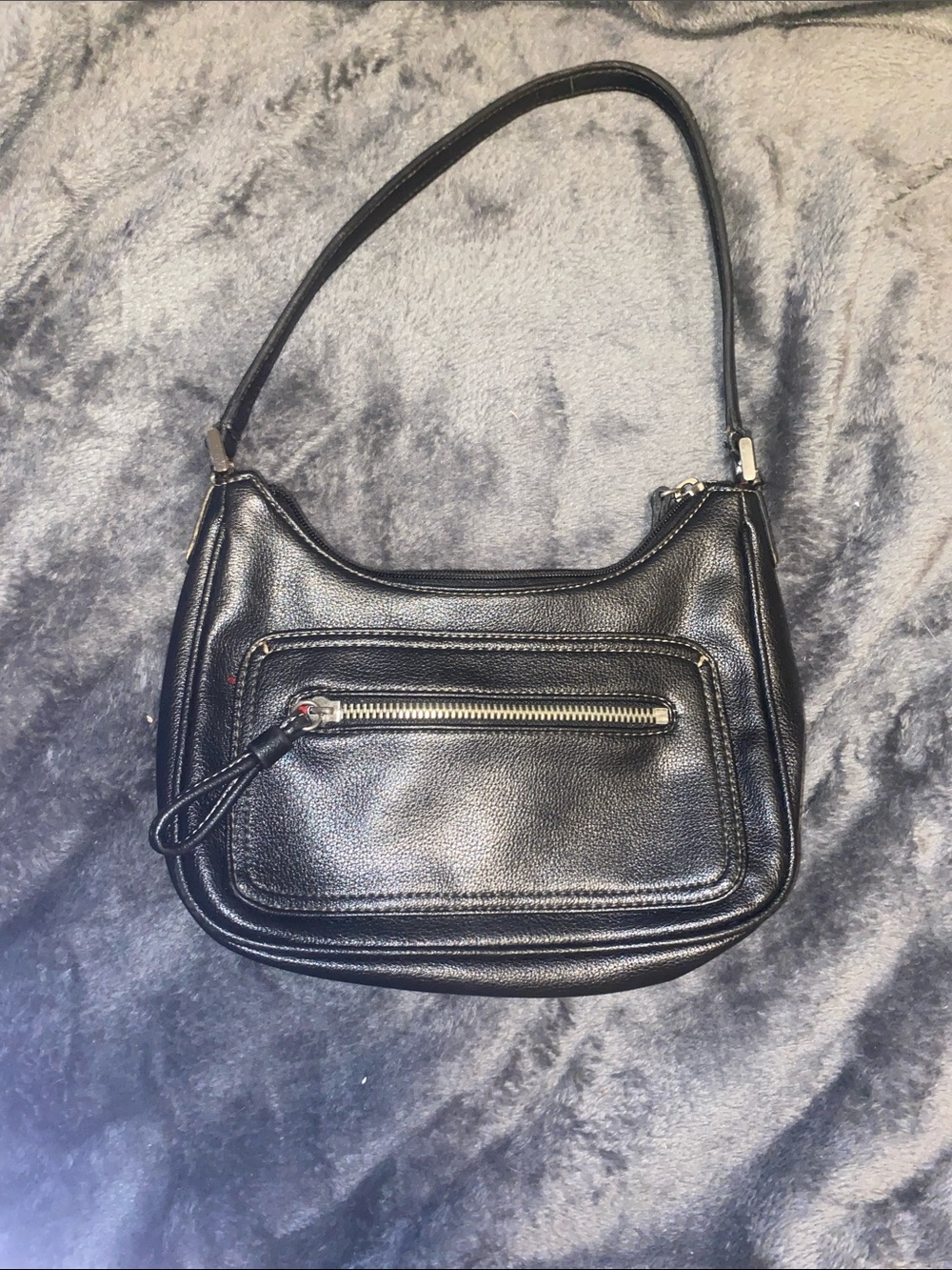 Liz Claiborne Black Pebbled Leather Shoulder Bag with Front Zip Pocket